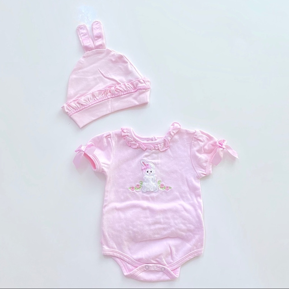 Bearington Baby Bunny Bodysuit & Hat Set Pink 6M Easter Outfit Gift Set